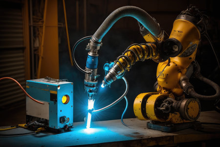 spot welding robot with arm and torch that creates the spot weld, created with generative aiの素材