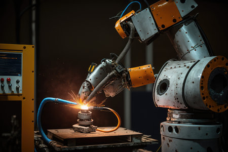 spot welding robot with its arm extended, holding the spot weld gun in position to complete weld, created with generative aiの素材