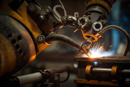 spot welding robot with arm extended, applying the final touches to a welded joint, created with generative aiの素材