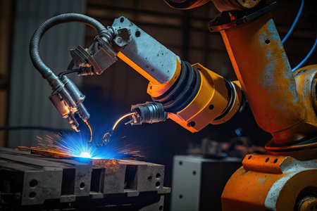 spot welding robot with arm extended, applying the final touches to a welded joint, created with generative aiの素材