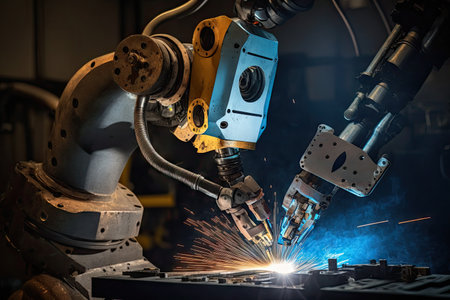 spot welding robot with arm extended, performing precise weld on automobile part, created with generative aiの素材