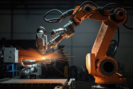 spot welding robot with arm extended, performing precise weld on automobile part, created with generative aiの素材