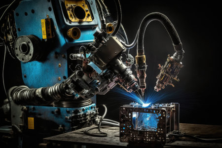spot welding robot performing series of precise welds on complex metalwork, created with generative aiの素材