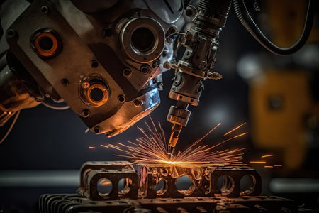 spot welding robot performing intricate sequence of welds on metal surface, created with generative aiの素材