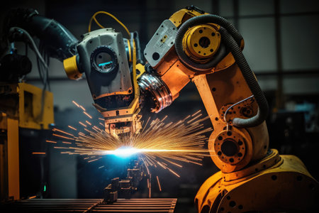 spot welding robot performing its duties in factory, tirelessly and reliably, created with generative aiの素材