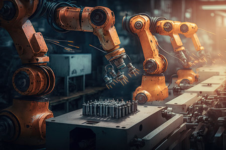spot welding robot in factory, with row of robots working on different parts, created with generative aiの素材