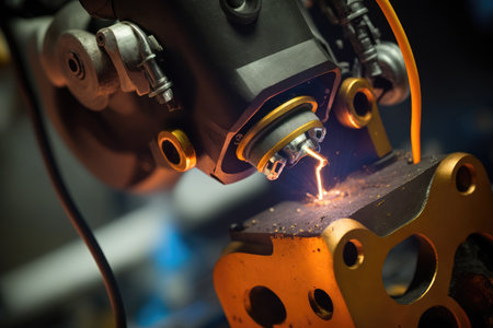 spot welding robot performing delicate weld in close-up, created with generative aiの素材