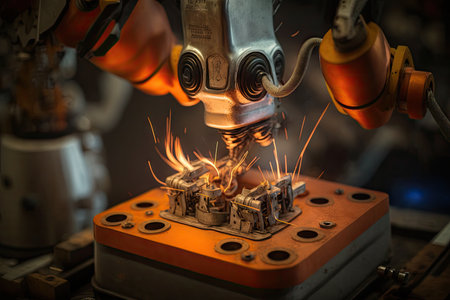 spot welding robot, holding metal plates together and welding them, created with generative aiの素材