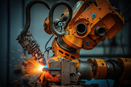 spot welding robot performing complex weld on metal parts, created with generative aiの素材