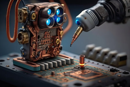 spot welding robot, performing precision welds on circuit board, created with generative aiの素材