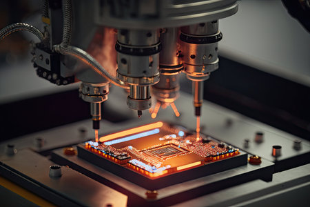 spot welding robot, performing precision welds on circuit board, created with generative aiの素材