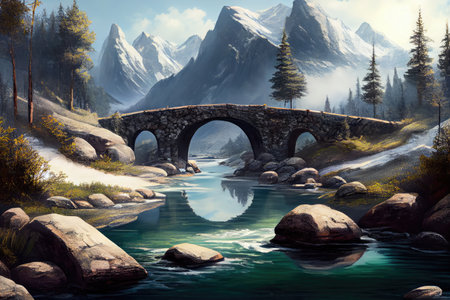 stone bridge over a serene mountain stream, with towering peaks in the background, created with generative aiの素材