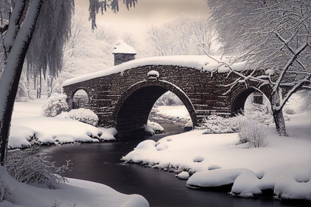 snow-covered stone bridge surrounded by winter wonderland, created with generative aiの素材