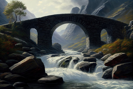 stone bridge crossing a rushing river, with waterfalls in the background, created with generative aiの素材