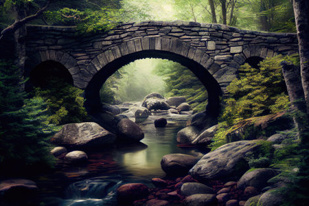 stone bridge spanning mountain stream, with trees and rocks in the background, created with generative aiの素材
