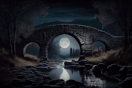 stone bridge in moonlight, with silhouettes of trees visible in the background, created with generative aiの素材