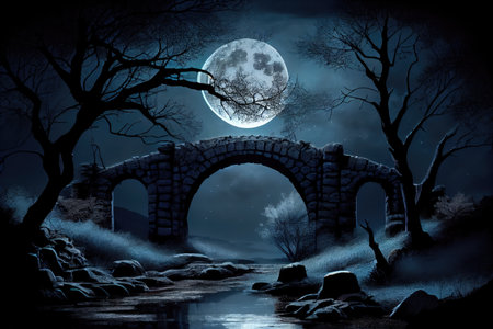 stone bridge in moonlight, with silhouettes of trees visible in the background, created with generative aiの素材