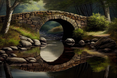 rustic stone bridge over babbling brook, with reflection in the water, created with generative aiの素材
