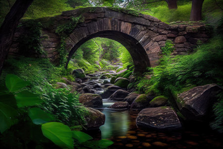 stone bridge over a babbling brook, surrounded by lush greenery, created with generative aiの素材