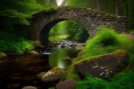 stone bridge over babbling brook, surrounded by lush green foliage, created with generative aiの素材