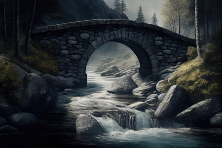 stone bridge over rushing river, with water flowing beneath, created with generative aiの素材