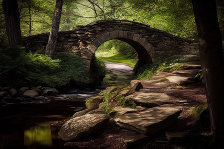quaint stone bridge over babbling brook, with trees and greenery in the background, created with generative aiの素材