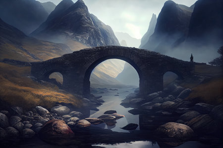 stone bridge surrounded by misty mountain landscape with towering peaks, created with generative aiの素材
