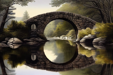 stone bridge over calm, serene lake, with reflections of trees and sky visible, created with generative aiの素材