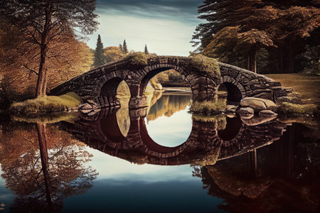 stone bridge over calm, serene lake, with reflections of trees and sky visible, created with generative aiの素材