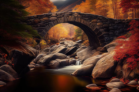 stone bridge crossing a picturesque mountain stream in the fall, created with generative aiの素材