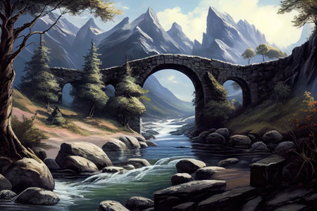 stone bridge over rushing river, with towering mountains in the background, created with generative aiの素材