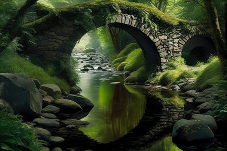 stone bridge, over a crystal clear stream, surrounded by lush greenery, created with generative aiの素材