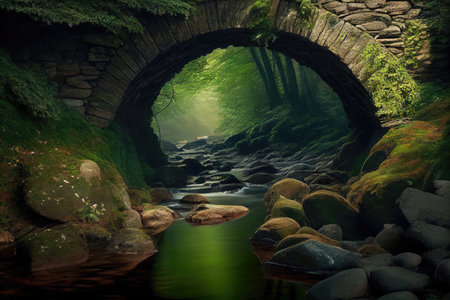 stone bridge, over a crystal clear stream, surrounded by lush greenery, created with generative aiの素材
