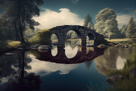 stone bridge over tranquil lake, with reflection of the sky and trees, created with generative aiの素材