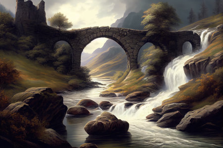 stone bridge over rushing river, with dramatic waterfalls in the background, created with generative aiの素材