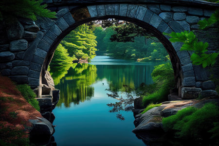 stone bridge overlooking bright blue lake, surrounded by green foliage, created with generative aiの素材