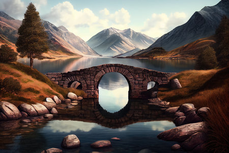 stone bridge over calm lake, with view of impressive mountain range in the background, created with generative aiの素材