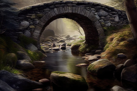 stone bridge over tranquil stream, with the sound of running water, created with generative aiの素材