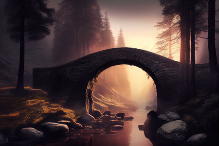 stone bridge, surrounded by misty forest, with view of the sunrise, created with generative aiの素材