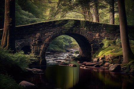 stone bridge over a babbling brook surrounded by tall trees, created with generative aiの素材