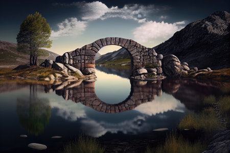 stone bridge over serene lake, with reflection of the sky visible on the water, created with generative aiの素材