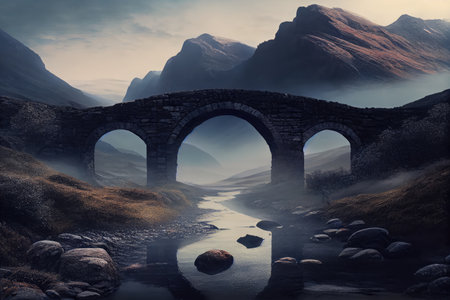 stone bridge over misty landscape, with distant peaks visible, created with generative aiの素材
