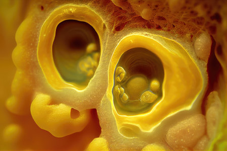 close-up of ear canal, with visible buildup of yellow, sulfur deposits, created with generative aiの素材