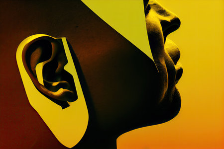 close-up of ear, with the outline of a persons eartips visible against the yellow and black background, created with generative aiの素材