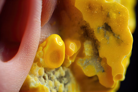 close-up of a persons ear with yellow sulfur deposits visible, created with generative aiの素材
