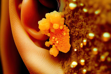 close-up of persons ear, with yellowish-orange sulfur crystals present, created with generative aiの素材