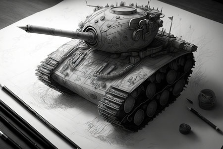 tank design, pencil sketch of detailed and intricate war machine, created with generative aiの素材