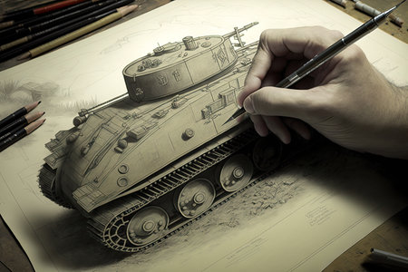 tank design being drawn in pencil, with intricate details visible, created with generative aiの素材