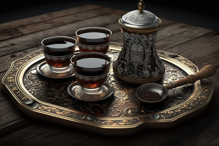 traditional turkish coffee set, with glass cups and wooden tray, created with generative aiの素材