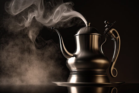 close-up of metal coffee pot with steam rising from the spout, created with generative aiの素材